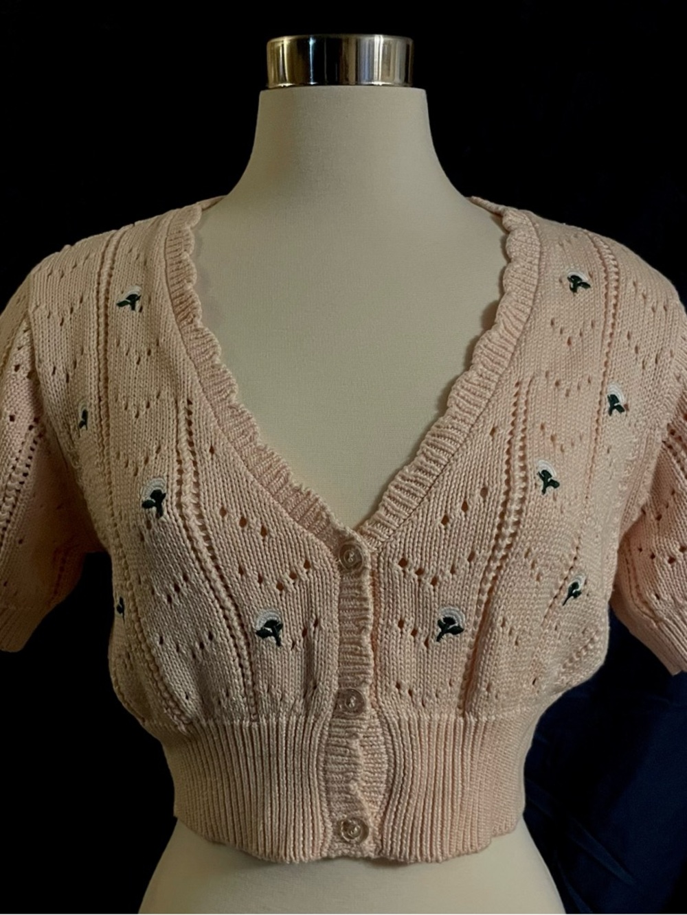 wild fable Blush Pink Cropped V‑Neck Button Cardigan with Embroidered Accents